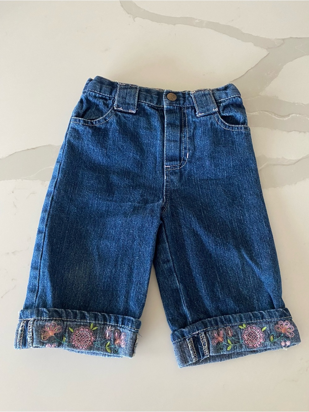 Vintage Baby Headquarters Girls Denim Cuffed floral embroidered jeans 18M